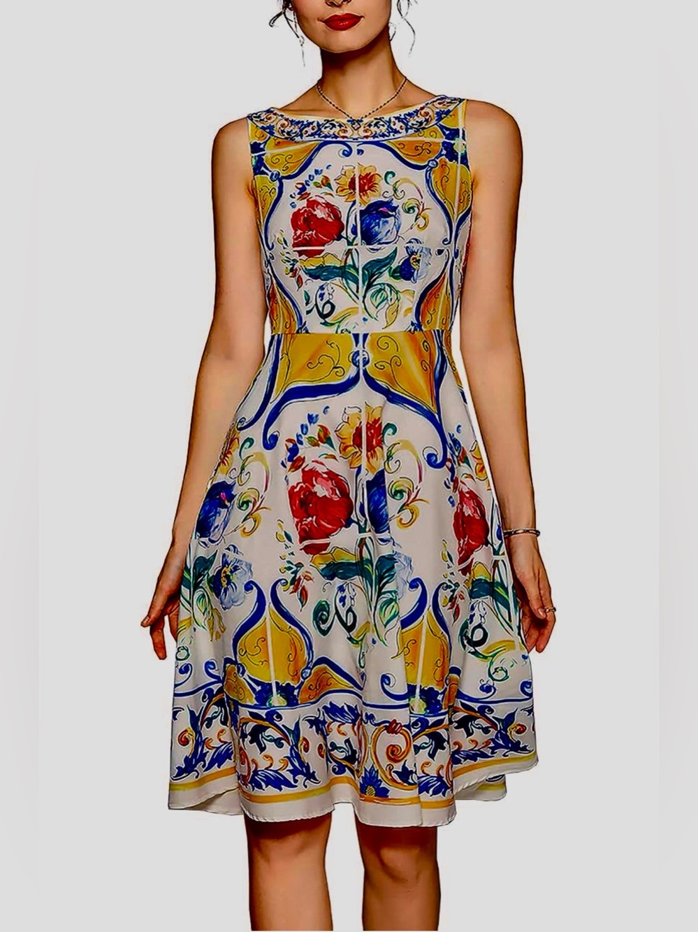 Runway style Dress featuring a vibrant Majolica tile print size M